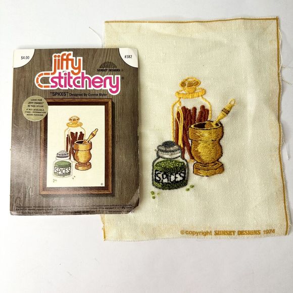Vintage 1970's Jiffy Stitchery Spices Needlepoint Kit Wool Yarn 5 x 7" Completed - Picture 1 of 5